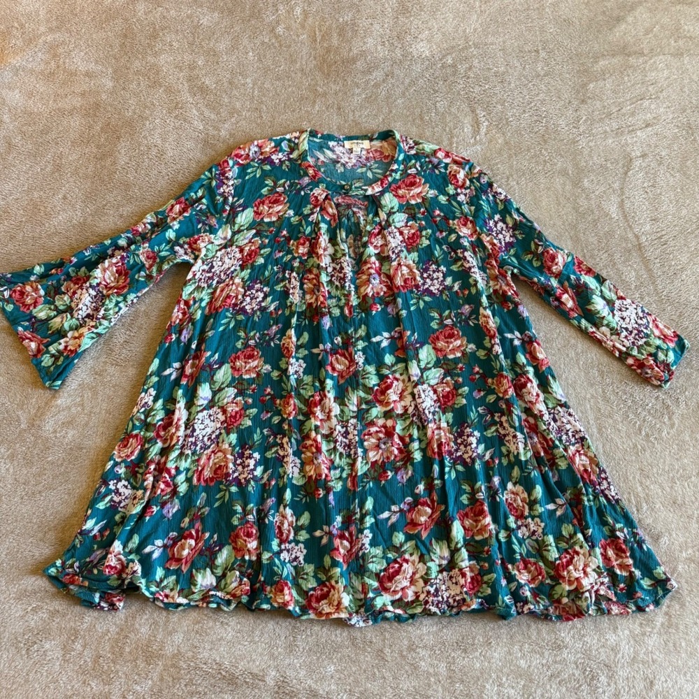 Umgee USA Teal Floral Babydoll Tunic Top Long Bell Sleeve A1539 L